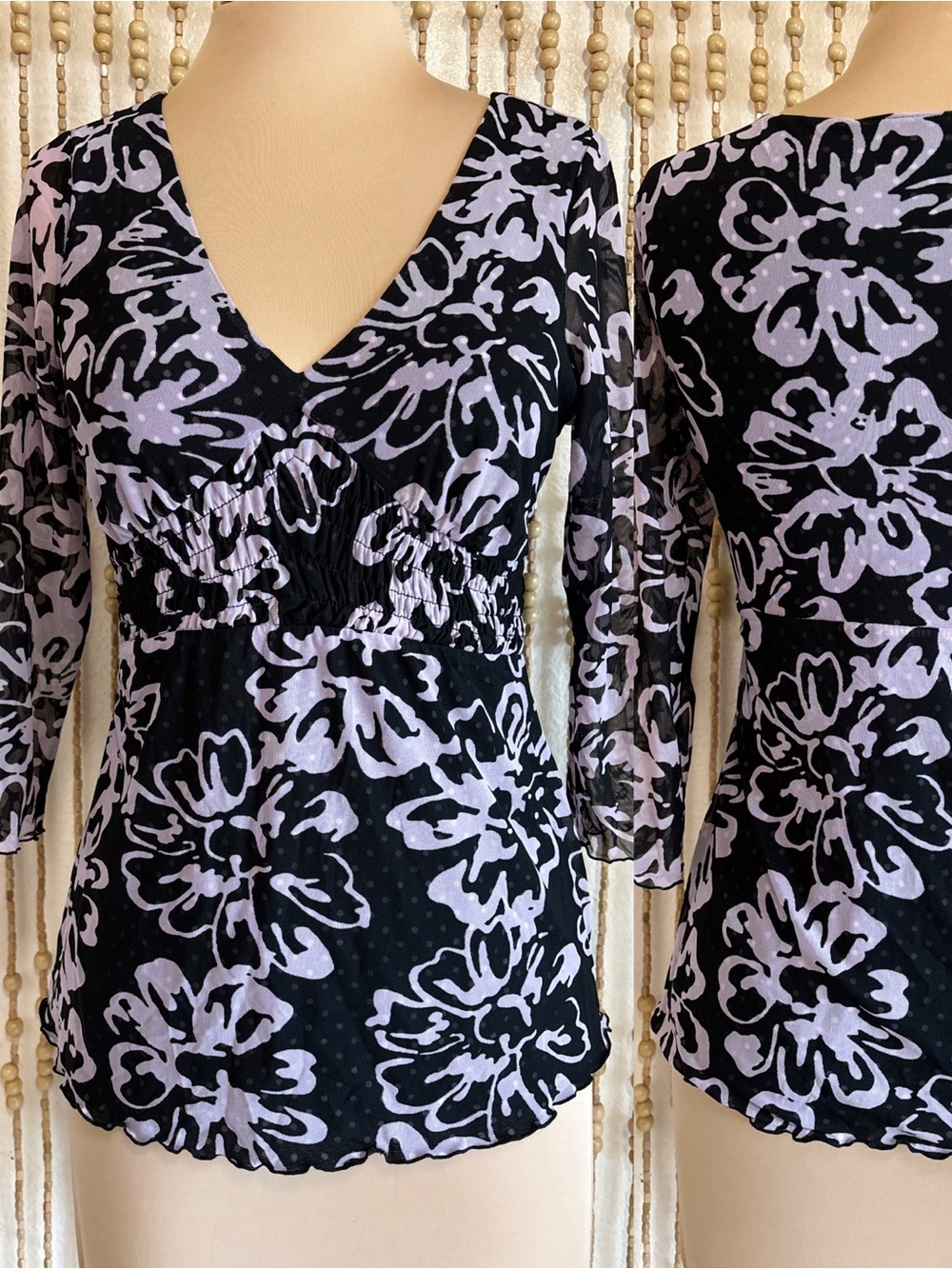 INC Black Purple Polka Dot Floral Mesh Empire 3/4 Sleeve Y2K Stretch Blouse Med